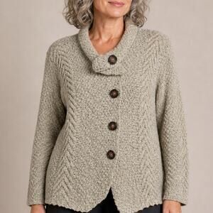 Tivoli Hand Knit Linen Blend Cardigan M/L Ivory Shawl Collar Aran Cable Sweater